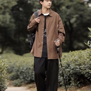 工装衬衫男长袖春秋新款休闲宽松百搭纯色复古潮牌衬衣外套潮图片