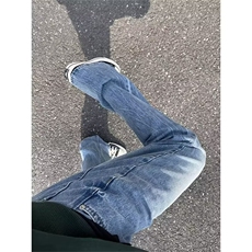 7715-P38冰蓝色闪电裂纹牛仔裤男修身cleanfit微喇裤子潮牌，男装牛仔裤，星座215-1