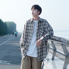 格子衬衫阳光干净男生夏季穿搭薄青少年潮流长袖方领标准ins潮，男装衬衫，星座1210-1