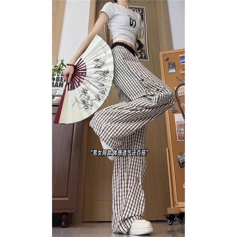 美式褶皱格子工装裤女高级感速干显腿长裤子直筒凉感微喇裤,女装休闲裤,星座1210-1