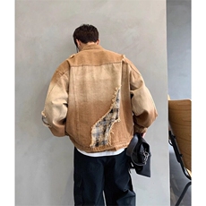 W9488-P80网图现货小众设计做旧复古渐变拼接翻领牛仔夹克外套，男装工装外套，星座1608-2