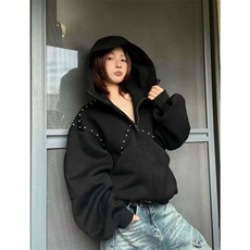 抖音得物高品质二开26春装美式高街铆钉拼接纯色开衫卫衣外套W122，女装短外套，电商A486