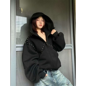 抖音得物高品质二开26春装美式高街铆钉拼接纯色开衫卫衣外套W122图片