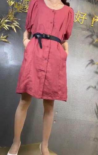 SGH2111夏季新款甜美大方圆领简约显瘦气质泡泡袖连衣裙，女装连衣裙，L·H·X