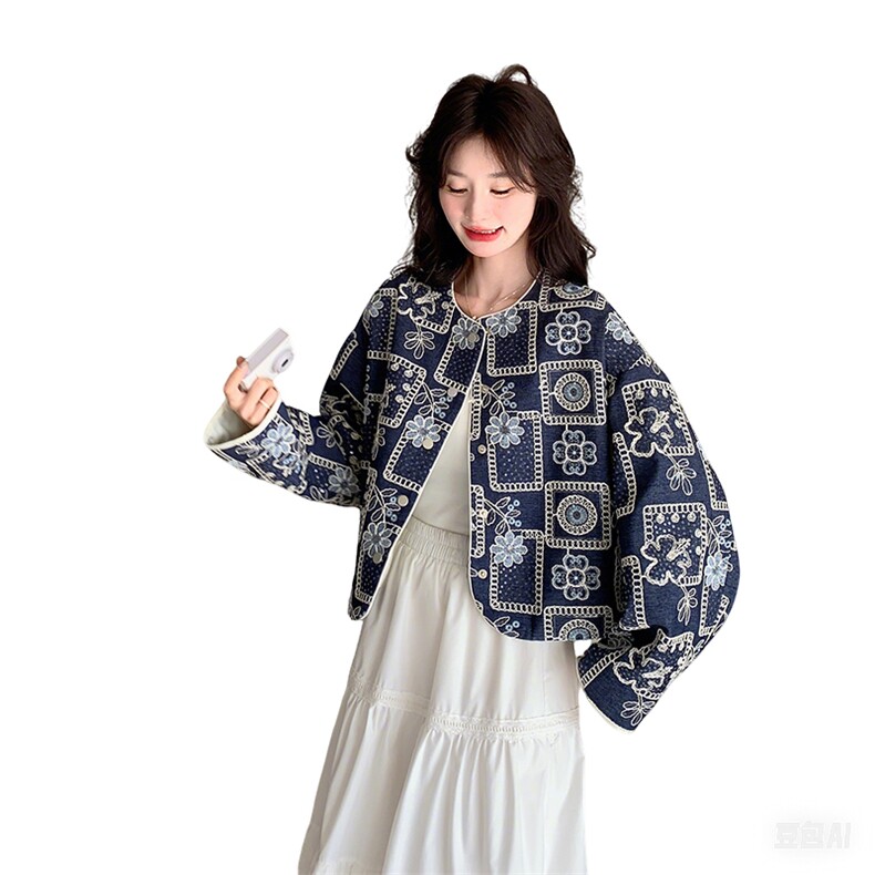 2025春新款青花瓷圆领立体刺绣新中式外套2c169-20257-p155k228,女装短外套,2C169