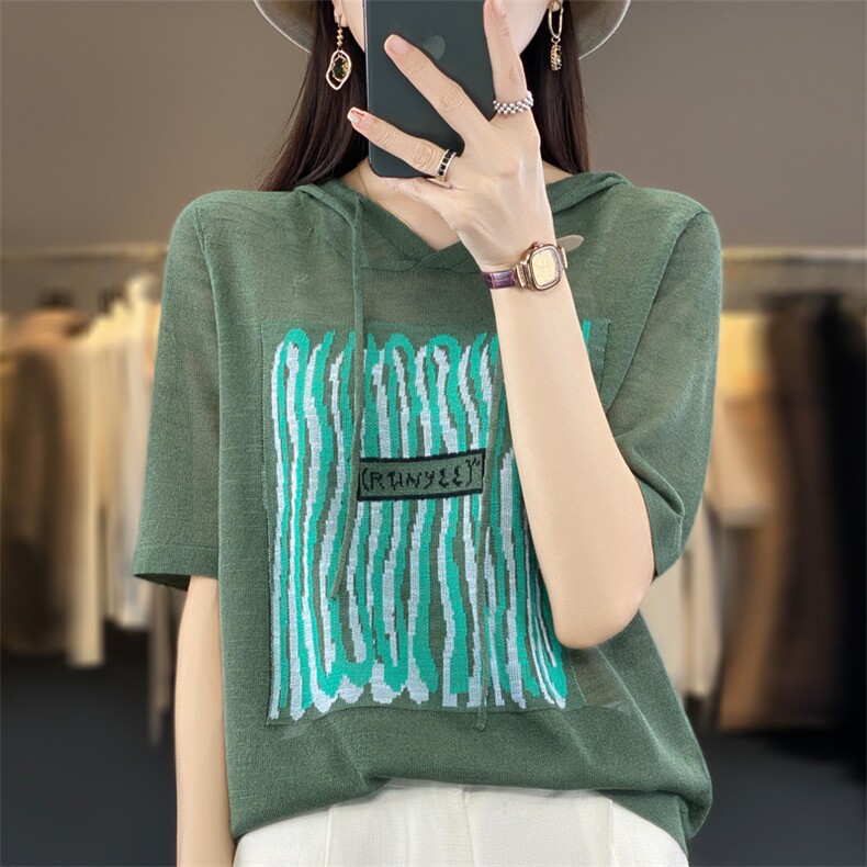 拼色连帽短袖微透竹节针织衫2024夏季新款短款女上衣宽松薄款t恤,针织衫/毛衣,大美人包芯纱店