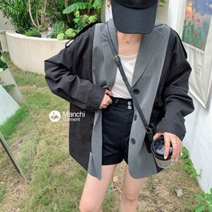 （现货）韩版拼接条纹风衣图片