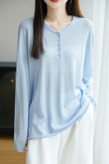 薄款圆领莱赛尔天丝长袖T恤防晒衣女2025夏纯色休闲空调罩衫上衣，女装T恤，东远绒业
