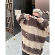撞色条纹情侣毛衣秋冬季宽松仿貂绒针织衫男款慵懒风外套MY08/P58，男装针织衫/毛衣，星座506