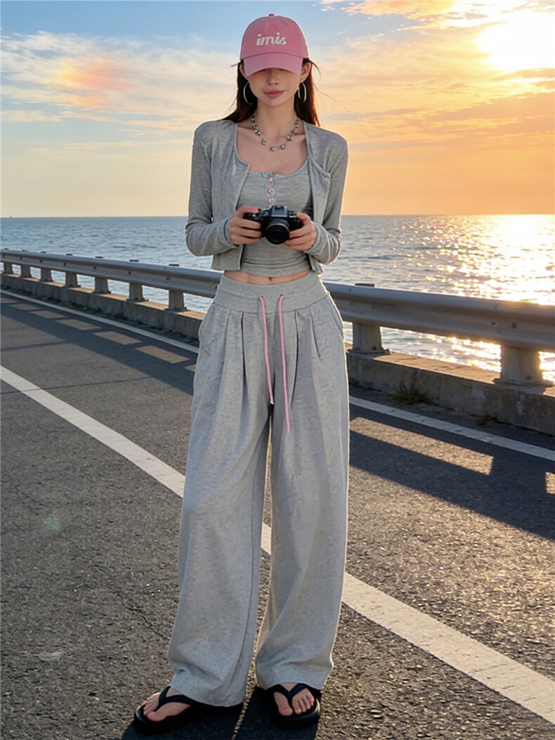 欧货慵懒风时尚套装女春季软糯短款开衫上衣内搭吊带阔腿裤三件套,女装套装/套裙,江南