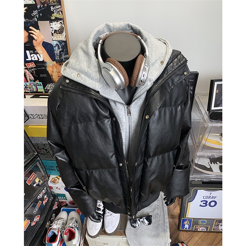 405A  美式高街个性连帽设计假两件pu皮棉服   MY24920-P158控188图片