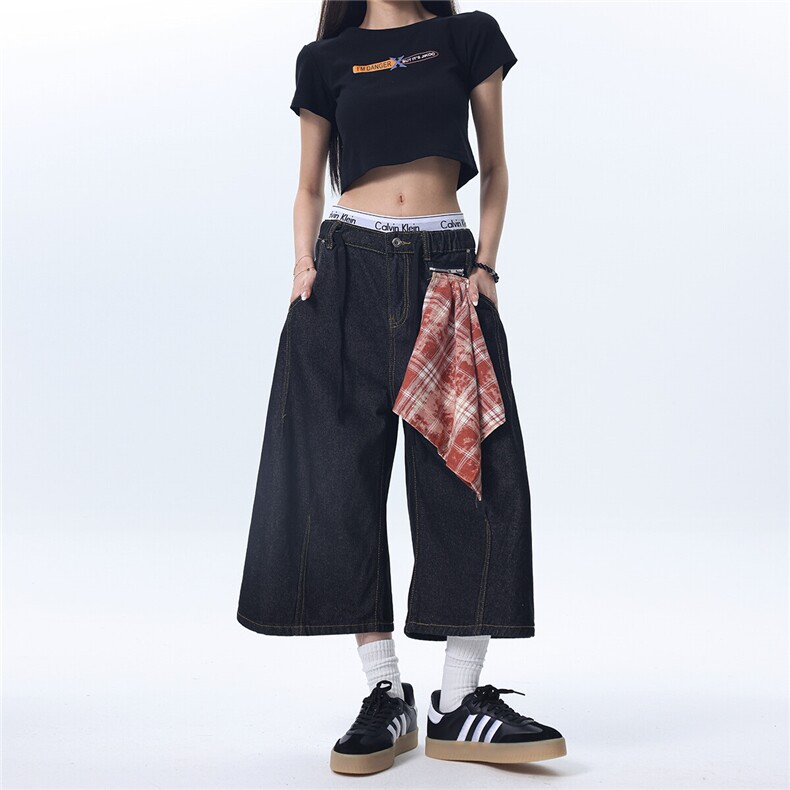 ZX1011-WK76-P55控88  中性半松紧腰弯刀可拆卸方巾七分牛仔裤图片