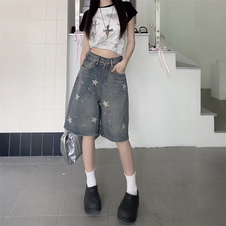 300斤大码胖mm星星牛仔短裤女夏季新款梨形身材显瘦阔腿五分裤子,男装牛仔裤,星座1210-1