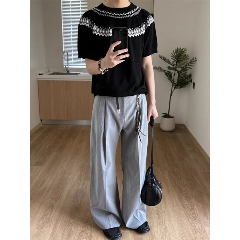 浅灰色好莱坞a字西裤老钱风双褶条纹裤子直筒微喇裤KZ9872P60,男装西裤,星座908-1