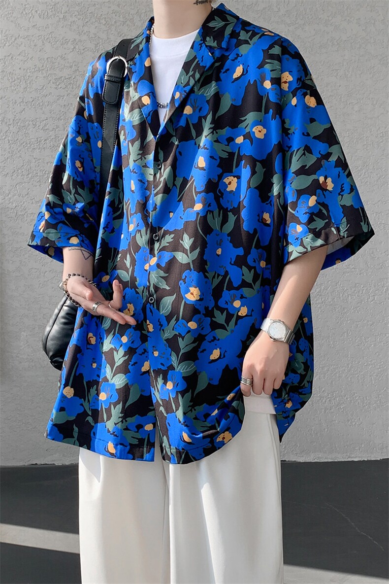 8XL-M冰丝凉感衬衣垂感透气复古花纹宽松男五分袖短袖衬衫CS526,男装T恤,电商D206-1