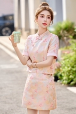 新中式国风复古短裙套装女2025夏季减龄一整套提花改良旗袍两件套，女装套装/套裙，韩宇舍