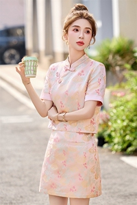 新中式国风复古短裙套装女2025夏季减龄一整套提花改良旗袍两件套图片