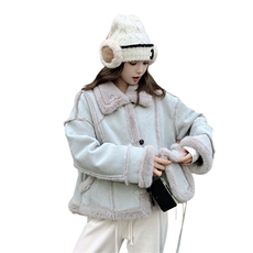 灰蓝色皮毛一体外套女秋冬2025加绒加厚羊羔毛慵懒风麂皮夹克棉服，女装短外套，2C232