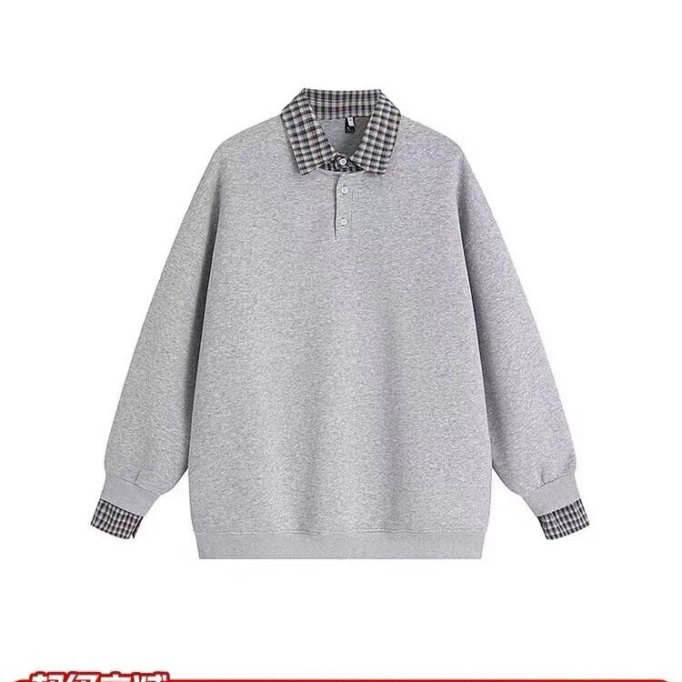 假两件格子拼接polo领卫衣女春秋季新款宽松薄款翻领上衣外套,女装短外套,星座506A