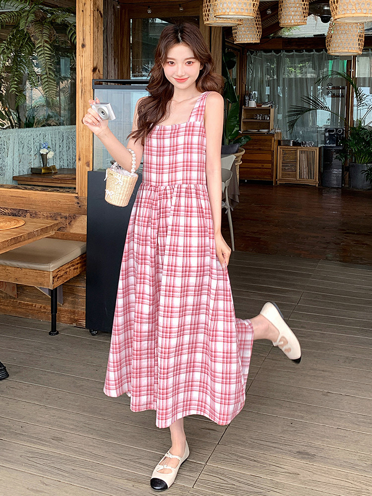 粉色格子超好看绝美连衣裙女2025夏季新款韩版温柔收腰无袖A字裙,女装连衣裙,浙宝276（原081）