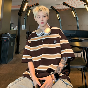 C455-P40 夏季港风ins潮牌条纹短袖t恤男宽松百搭半袖上衣 现货图片