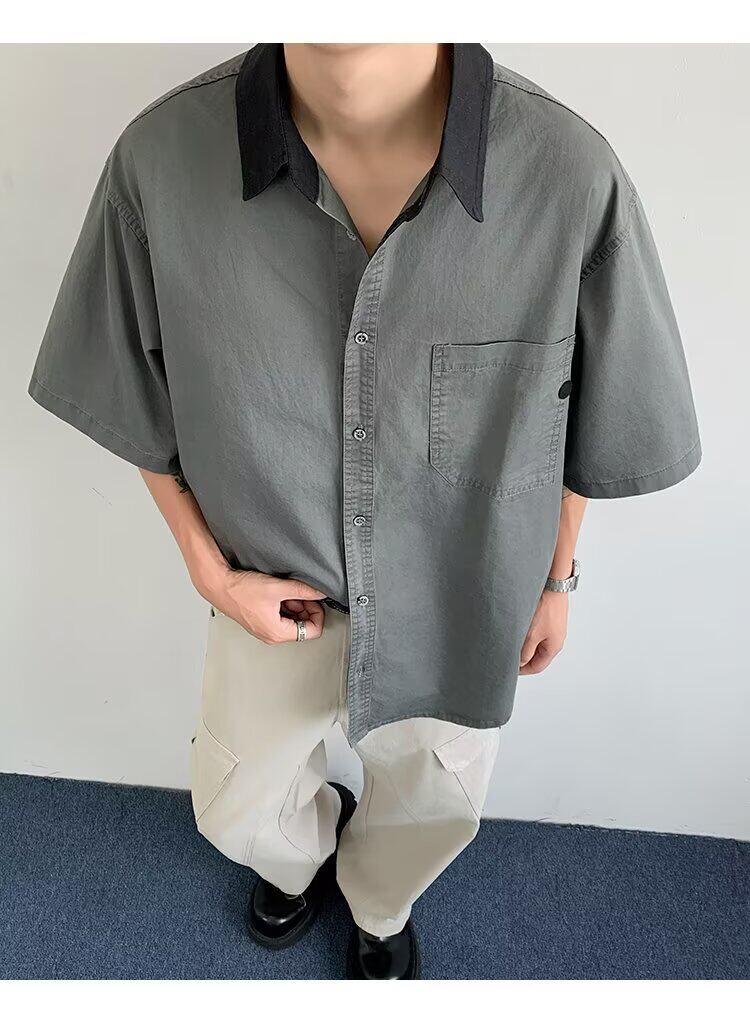 复古衬衫男夏装港风学生宽松小众设计感趣味新款男装上衣外穿,男装衬衫,四季星座505