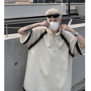 拼色做旧短袖T恤男 夏季宽松休闲半开领体恤衫XZ514-2-202441-P58图片