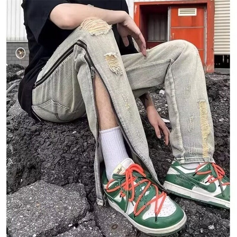 美式高街青少年牛仔裤男复古设计感破洞做旧侧边拉链直筒长裤子,男装牛仔裤,星座506A