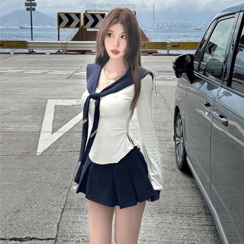 秋季海军领披肩长袖T恤女修身显瘦撞色减龄jk制服学院风长袖上衣,男装T恤,星座1210-1