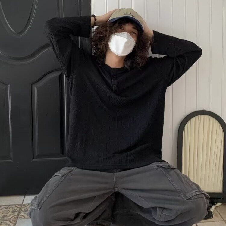 日系复古肌理镂空亨利领长袖T恤男秋冬季纯色宽松打底衫,男装T恤,星座506A