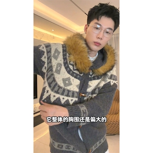 重磅北极绒座山雕大毛毛领毛衣外套冬美式复古休闲慵懒风针织开衫图片