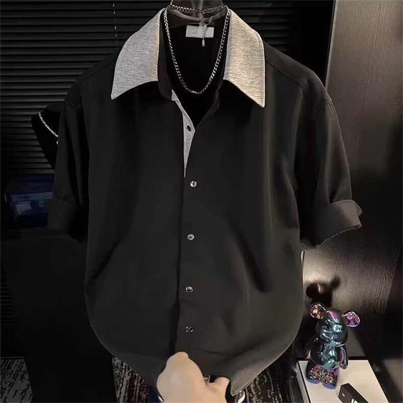小香风拼接翻领短袖衬衫男夏季潮牌韩系穿搭宽松垂感冰丝半袖衬衣,男装衬衫,电商B212（原钱塘6029）