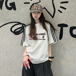 抖音得物高品质二开240克宽松纯棉美式潮牌三条杠织带短袖T恤图片