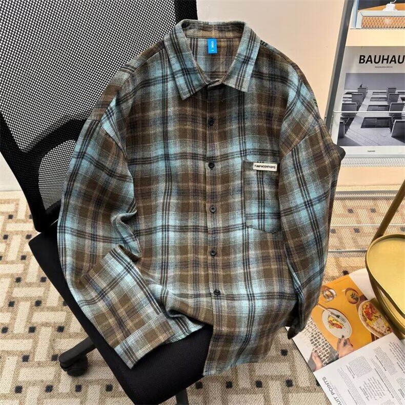 F692P33复古格子衬衫男士长袖春秋季新款宽松外套日系潮流衬衣服,男装衬衫,星座512-6