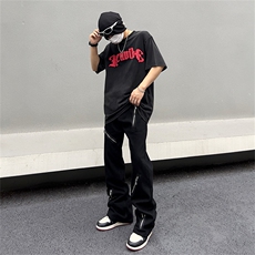 暗黑宽松微喇叭黑色牛仔裤多拉链设计感男女裤子N09037-P45，男装牛仔裤，星座308B-1