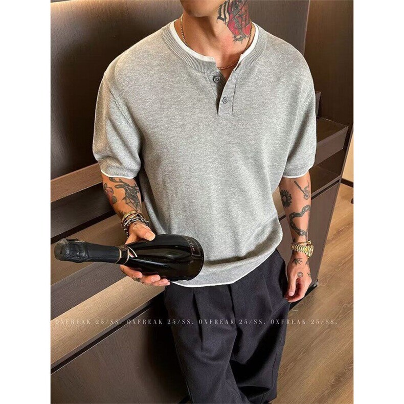 网图现货假两件冰丝凉短袖T恤衫男针织衫百搭透气宽松R981-P48，男装T恤，星座1005-4