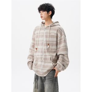 8XL-M 潮情侣美式磨毛编织条纹针织衫卫衣宽松拉链外套WY30P88图片