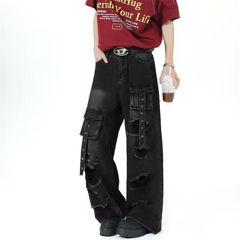 美式复古黑色多口袋破洞工装牛仔裤女2025春秋新款高腰直筒拖地裤，男装牛仔裤，星座506
