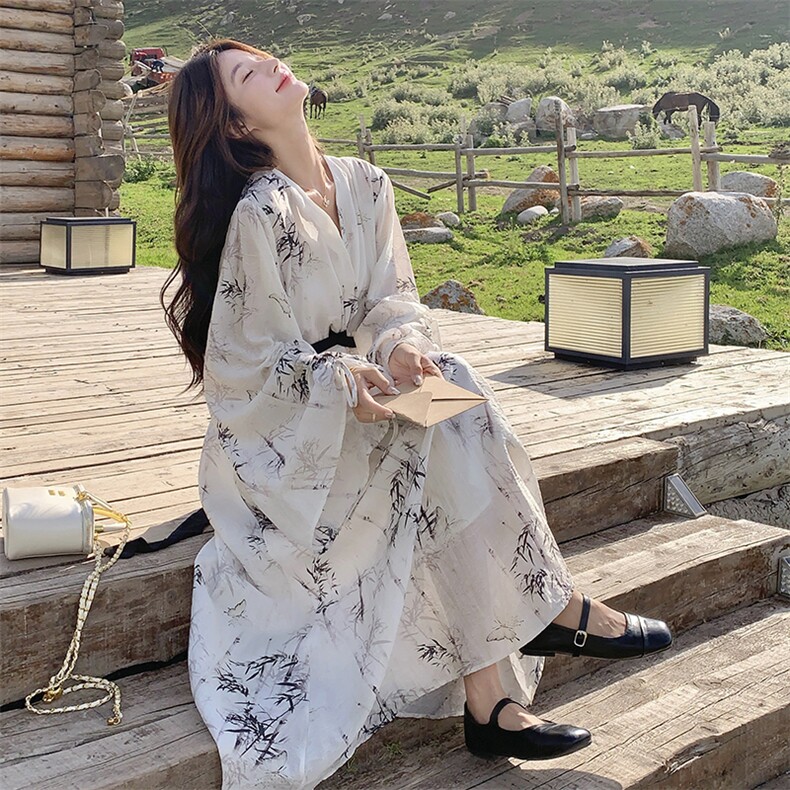 新中式国风水墨印花连衣裙女秋独特超火好看高级小众改良汉服长裙,女装套装/套裙,2C122