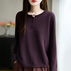 100%纯棉线卷边圆领长袖针织衫女加厚宽松套头打底衫全棉显瘦上衣，女装针织衫/毛衣，丹芙娇羊绒