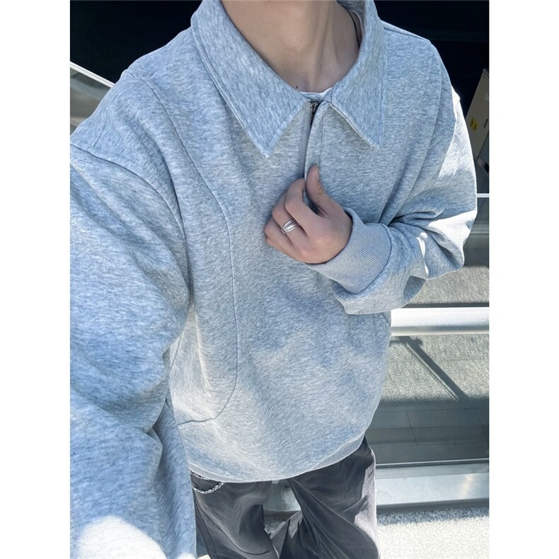 老钱风灰色正肩polo领长袖卫衣男女秋季宽松翻领上衣半拉链套头衫,男装Polo衫,星座203-1
