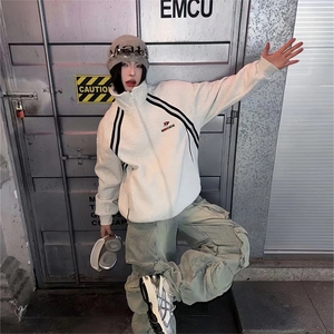 抖音得物高品质秋冬美式重磅结构织带撞色立领印花卫衣外套AW7008