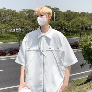 雅痞拉链短袖衬衫男女潮牌宽松bf风百搭翻领半袖上衣LS278 P40图片