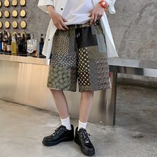 【】A003-HK7152-P40夏装新款补丁接拼碎花短裤港风女模1，男装休闲裤，电商A003