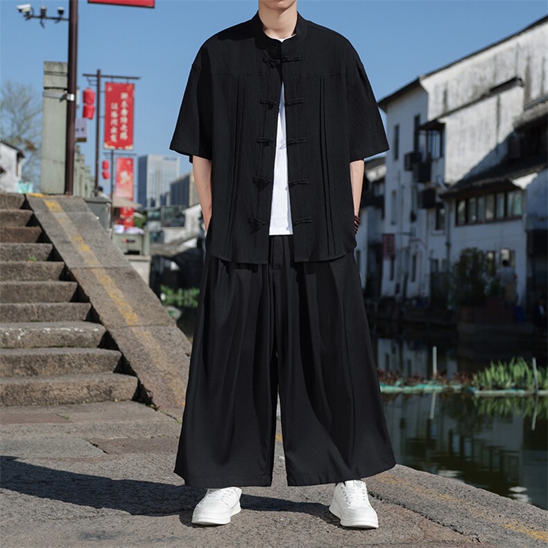 新中式风褶皱透气春夏休闲宽松大码盘扣短袖手工盘扣上衣30506,男装T恤,星座305A（原312A-1）