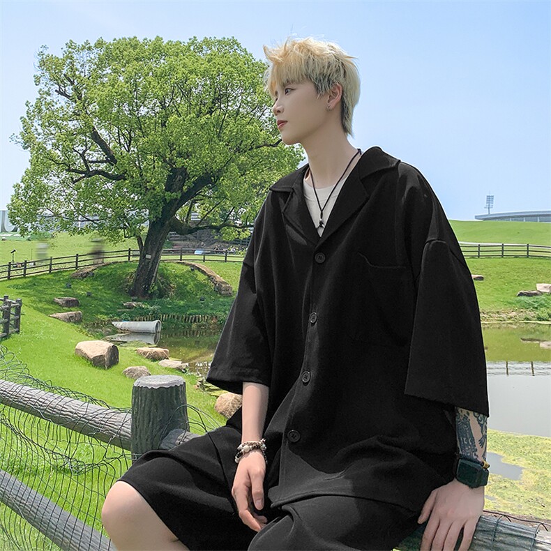 港风大码复古宽松西装领衬衫+短裤两件套男 XZ213-TZ088-P88控108图片