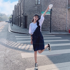 现货有买家秀夏装牛仔两件套背带短裤8876背带裤P100K158套P125K，女装套装/套裙，2C098