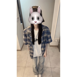 CS02CC-特P35 美式复古蓝色格子短袖衬衫男设计感半袖衬衣图片