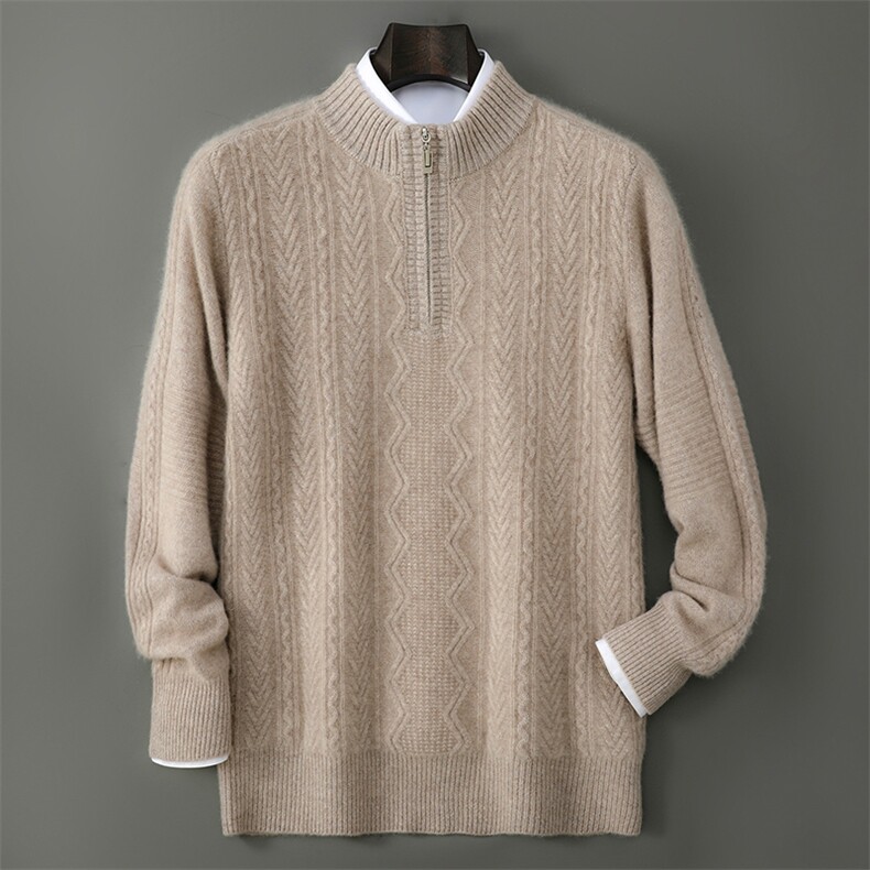 2025年秋季长袖时尚都市套头绞花半开，男装羊毛衫，千国羊绒