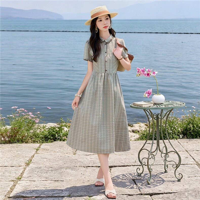 学院风格纹连衣裙女春夏收腰显瘦中长裙格子裙子,女装连衣裙,水衣源